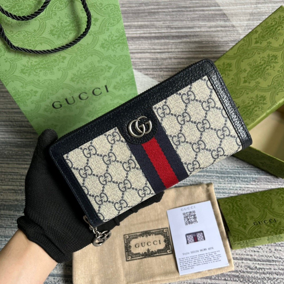 0b26a826.jpg Gucci Ophidia GG Zip Around Wallet Beige With Red and Dark Blue Stripes With Silver Hardware For Men 8in/19cm GG - Image 1