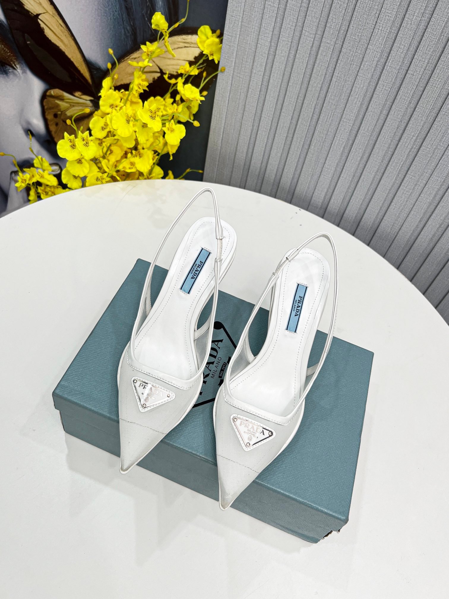 0cdde088.jpg Prada Mesh Fabric Slingback Pumps White For Women PRD - Image 1