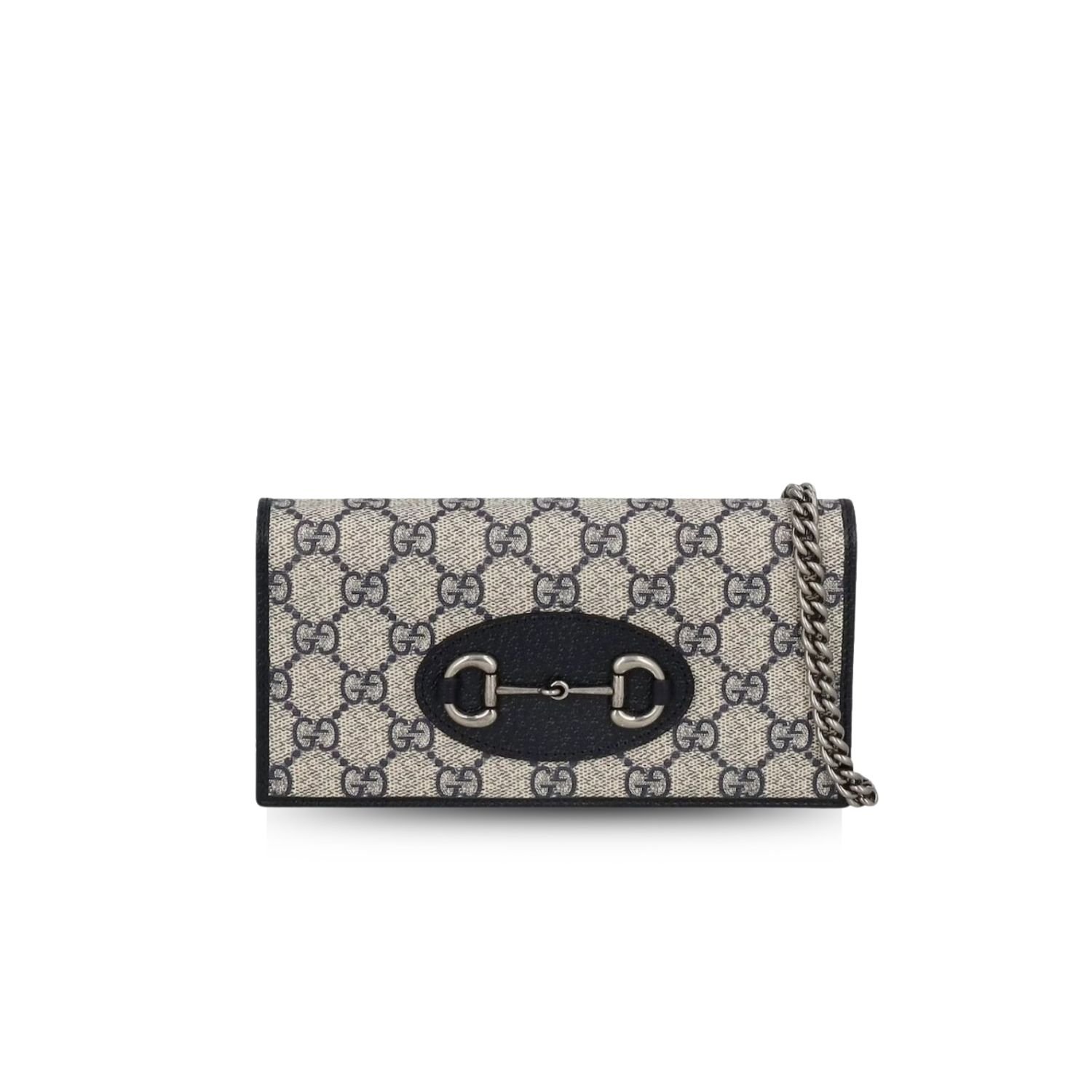 xr:d:DAGBeGYKeuI:801,j:3256527052239953040,t:24041109 Gucci Horsebit 1955 Wallet With Chain Beige And Blue - Image 1