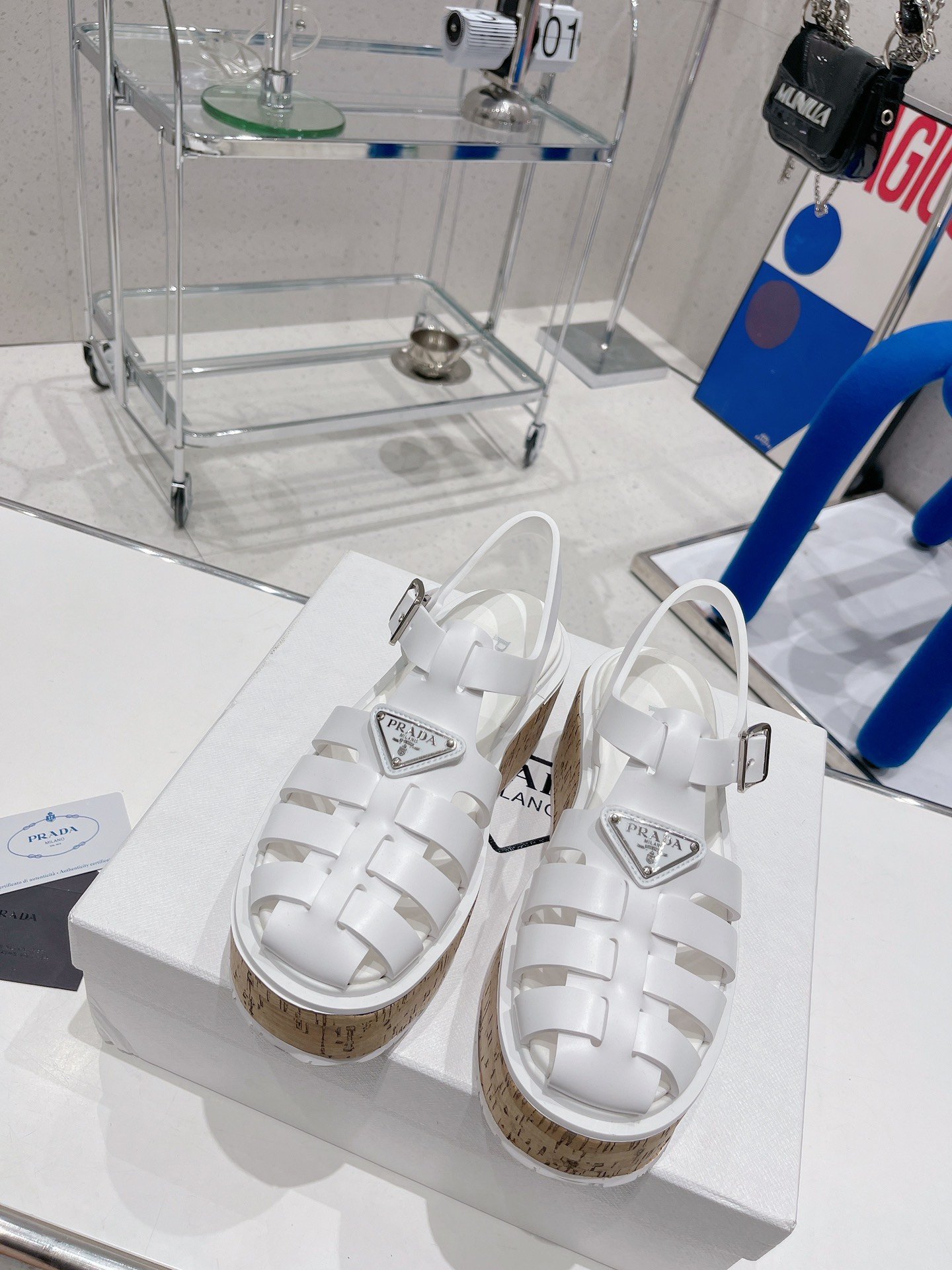 366b70bd.jpg Prada Rubber Wedge Platform Sandals White For Women 2.9in/75mm PRD 1X853M_3LLP_F0009_F_B075 - Image 1
