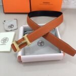 Hermes H Guillochee Belt Buckle & Reversible Orange For Women, Women Belt