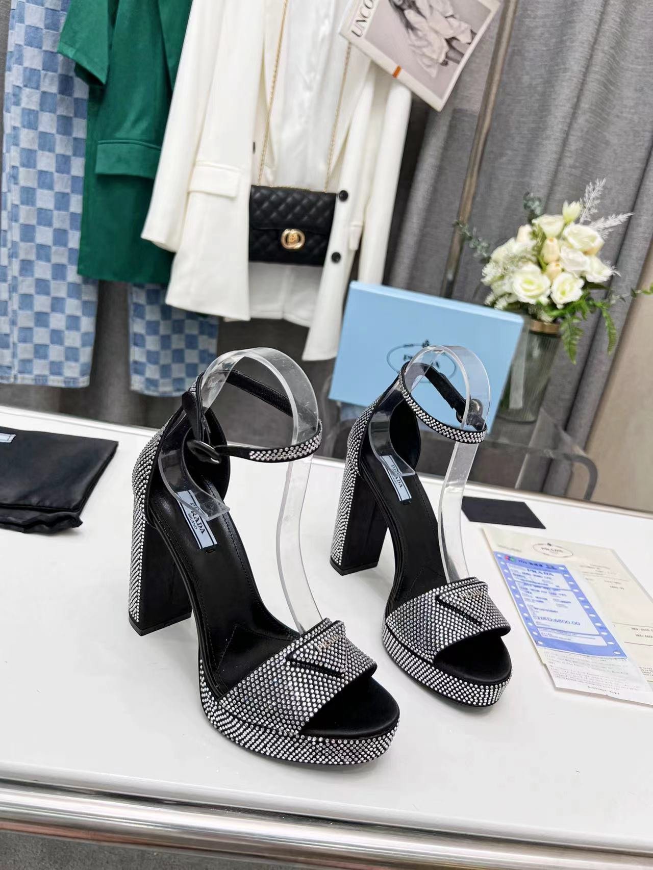 6498394f.jpg Prada Satin Platform Sandals With Crystals Black For Women 5.3in/135mm PRD 1XP53B_2AWL_F0T7O_F_135 - Image 1