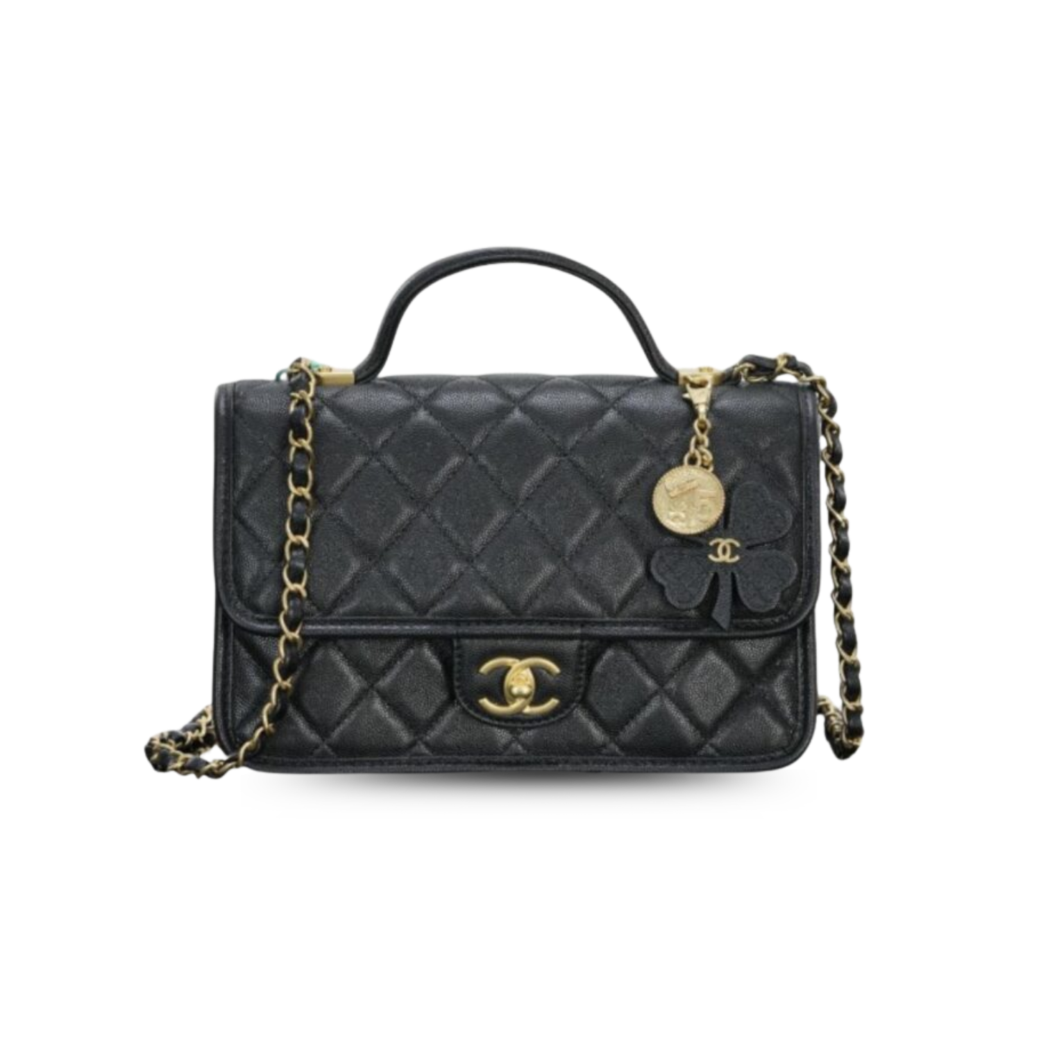 Chanel-25B-Four-Leaf-Clover-Gold-Coin-Top-Handle-Bag-9.8in-25cm-Black-For-Women.png Chanel 25B Four Leaf Clover Top Handle Bag 9.8in/ 25cm Black Gold Hardware For Women - Image 1