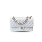 Chanel Classic Medium Flapbag Silver Hardware White