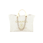 Chanel Deauville Tote Bag 15in/ 38cm Beige Tweed Canvas Gold Hardware For Women