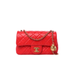 Chanel Flap Bag With CC Ball On Strap Small Crossbody 7.8in/ 20cm Red Gold Hardware For Women AS1787