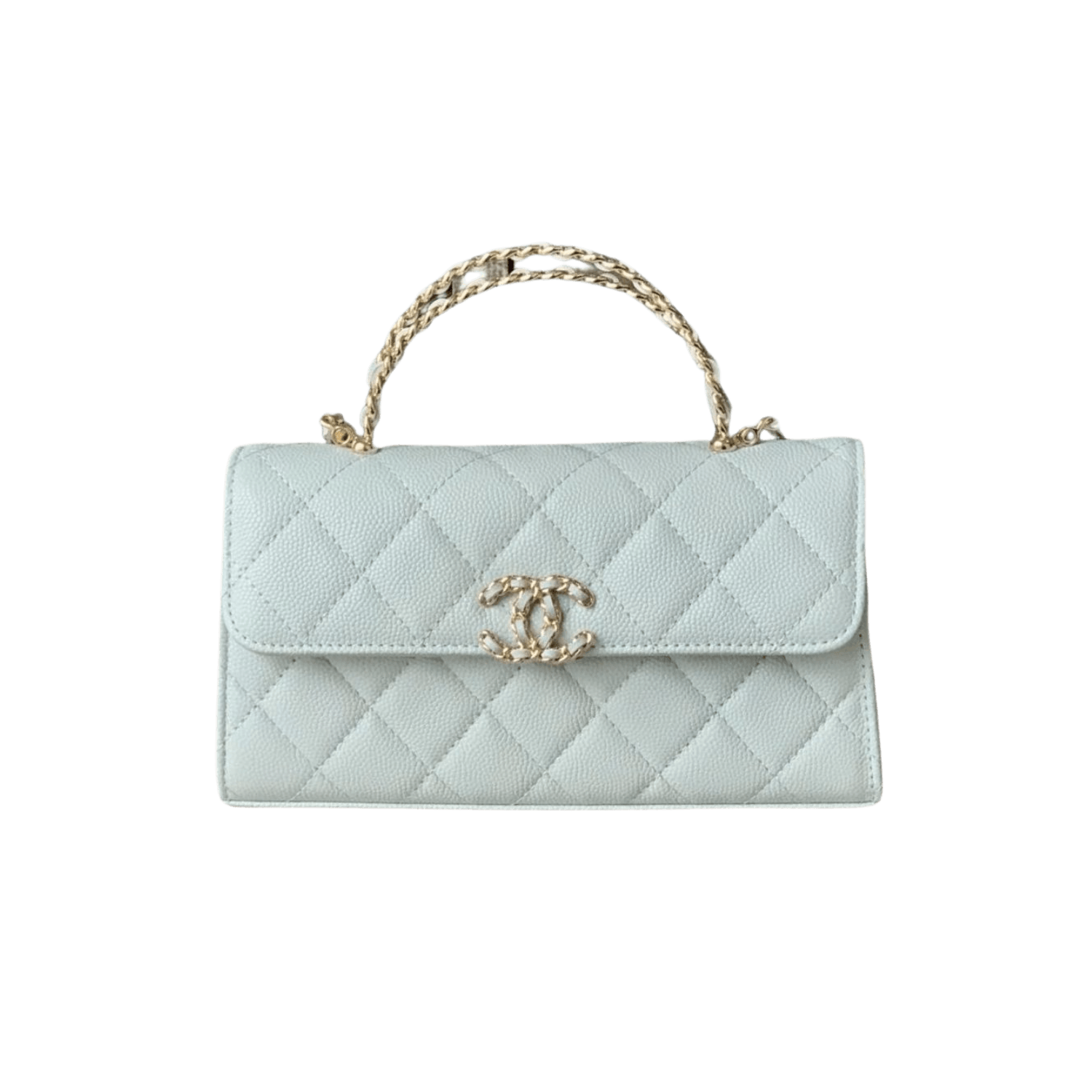Chanel-Flap-Phone-Holder-With-Chain-Top-Handle-7.1in-18cm-Light-Blue-Gold-Hardware-For-Women.png Chanel Flap Bag Phone Holder With Chain Crossbody 7.1in/ 18cm Light Blue Gold Hardware For Women - Image 1
