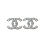 Chanel Rhinestone Double C Earrings Silver For Women