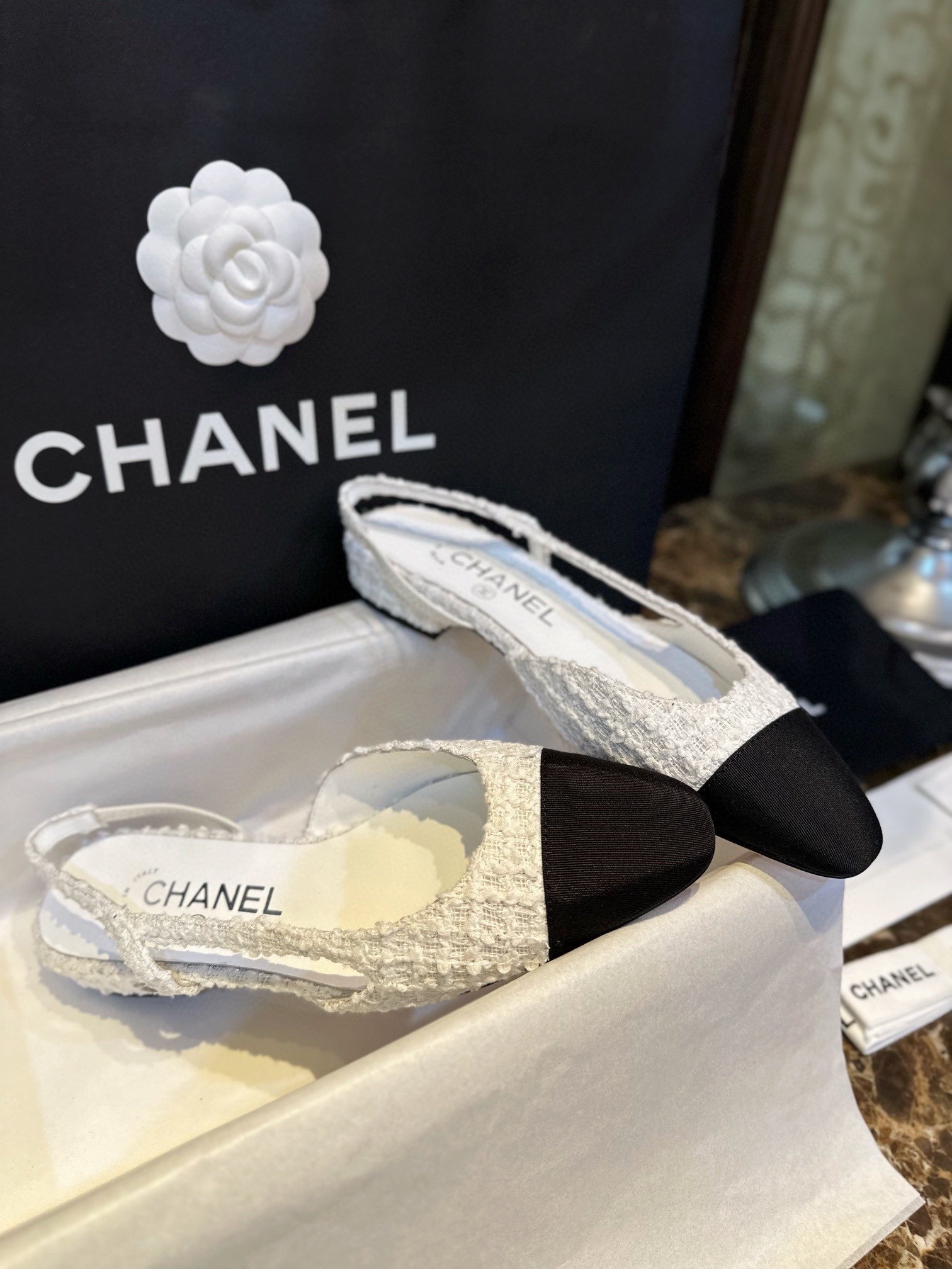 Chanel-Sling-Back-Tweed-Pumps-6-1.jpg Chanel Sling Back Tweed Sandals White For Women - Image 1