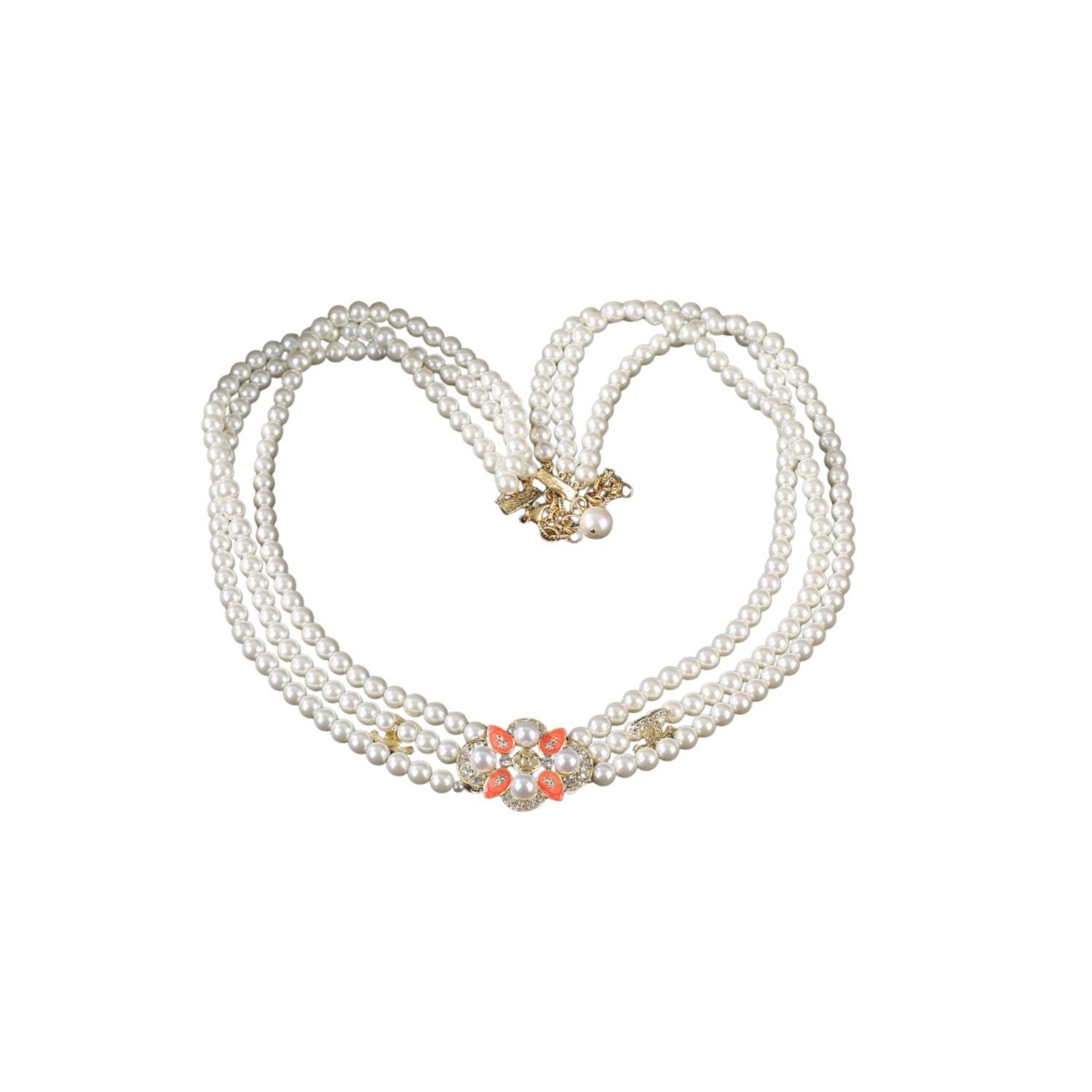 Chanel-pearl-belt-white-gold-toned-logo.jpg Chanel Triple-Strand Pearl & Floral Gold-Toned For Women - Image 1