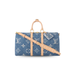 Louis Vuitton Keepall Bandouliere 45 Travel Bag 17.7in/ 45cm Blue Denim Gold Hardware M24315