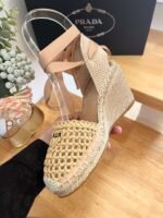Prada Linen Espadrille Wedge Sandals Beige For Women - Image 4