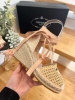 Prada Linen Espadrille Wedge Sandals Beige For Women - Image 6