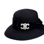 Celine Straw Hat With Satin Ribbon Bow Black For Women 58cm/22.8in - Image 2