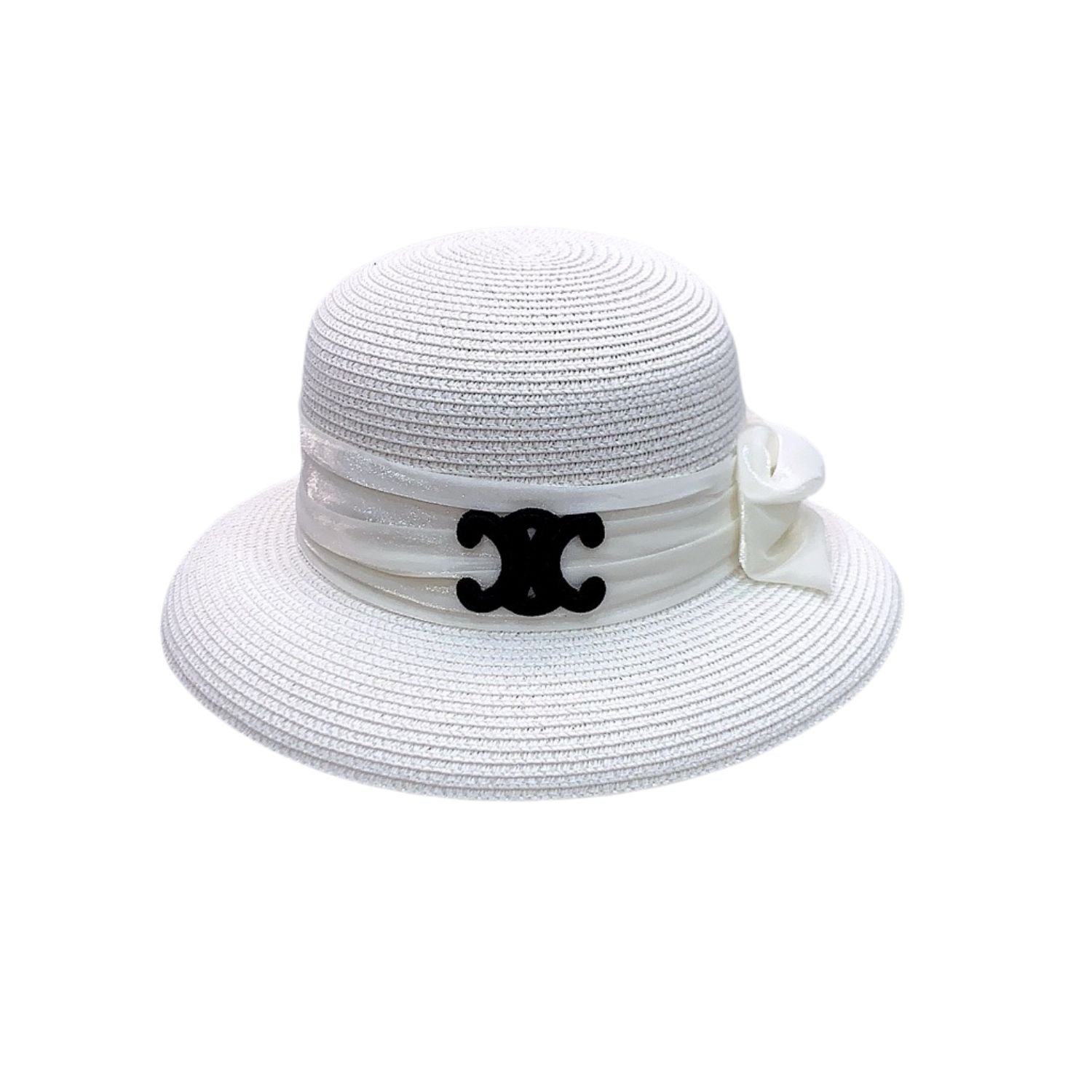 celine-straw-hat-with-double-C-logo-ribbon-bow-white.jpg Celine Straw Hat With Satin Ribbon Bow White For Women 58cm/22.8in - Image 1