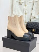 Chanel Chelsea Chunky Heel Boots Two Tone Beige And Black For Women - Image 2