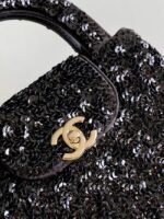 Chanel Kelly Sequin Top Handle Bag 7.8in/ 19cm Black Gold Hardware For Women - Image 6