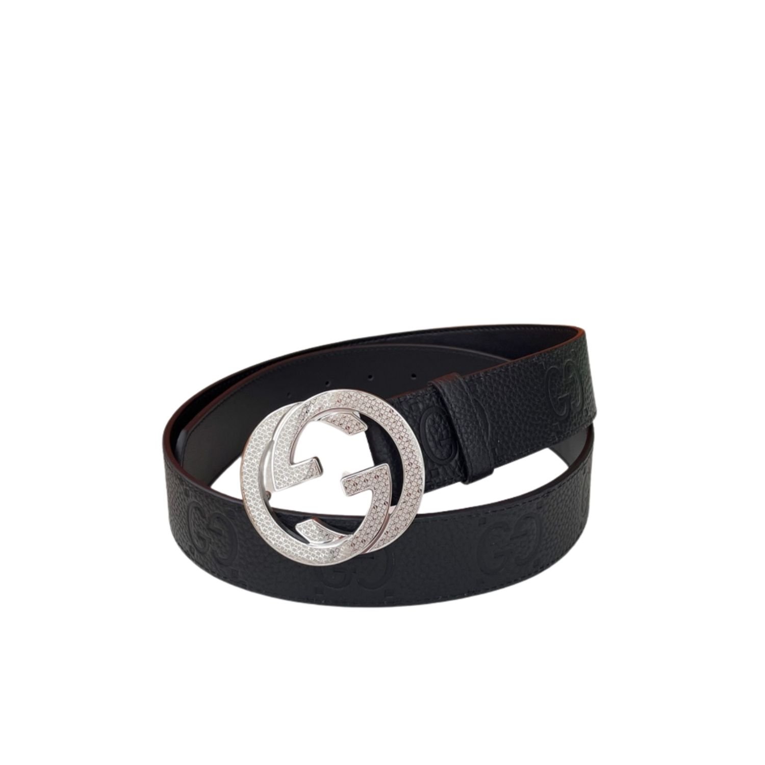 gucci-gg-classes-monogram-belt-with-silver-crystal-buckle.jpg Gucci GG Pebbled Monogram Belt Black With Silver Crystal Buckle 40mm - Image 1