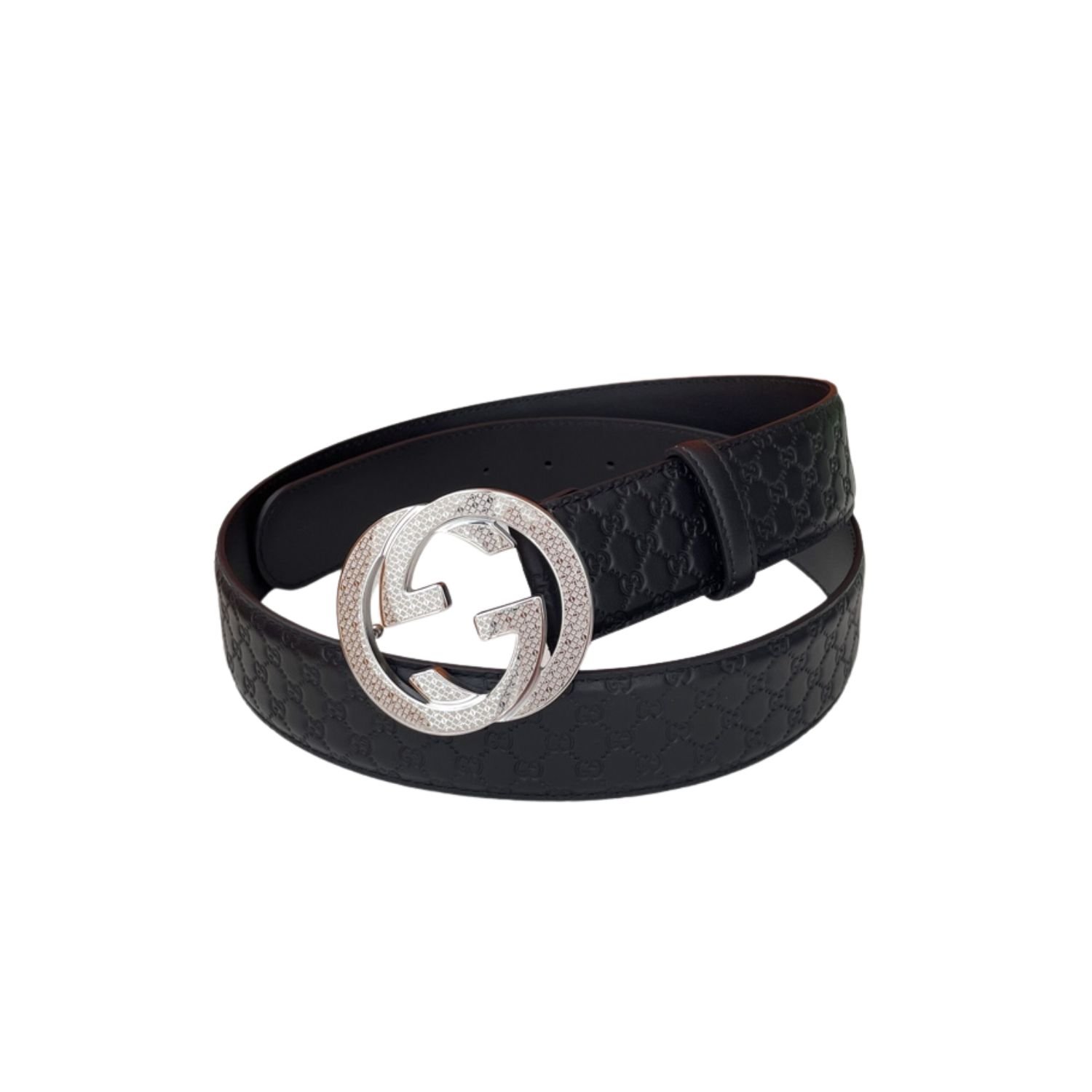 gucci-gg-monogram-belt-with-silver-crystal-buckle.jpg Gucci Monogram Belt Black With Silver Crystal Buckle 40mm - Image 1