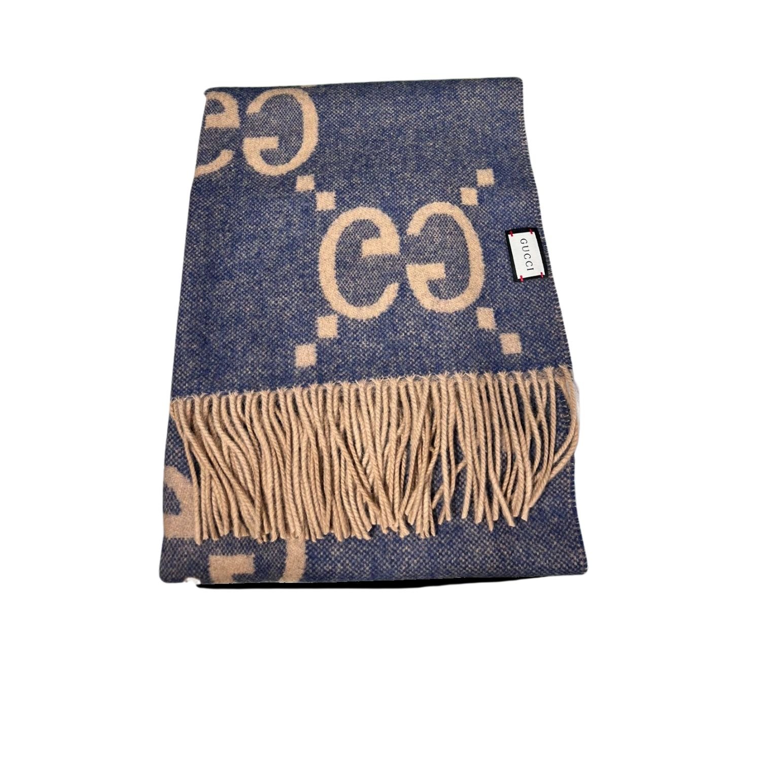 gucci-scarf-21.jpg Gucci Cashmere Jacquard Scarf Blue And Beige 200cm/79in For Women - Image 1