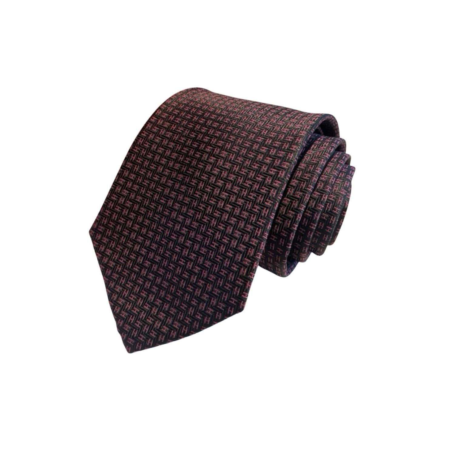 hermes-micro-H-Jaccquard-silk-tie-burgundy.jpg Hermes Elegent Burgundy Silk Tie For Men - Image 1