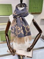 Gucci Cashmere Jacquard Scarf Blue And Beige 200cm/79in For Women - Image 7