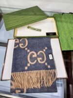Gucci Cashmere Jacquard Scarf Blue And Beige 200cm/79in For Women - Image 6