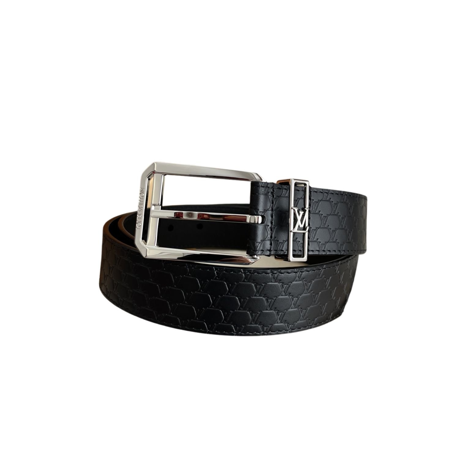 louis-vuitton-blasn-embossed-belt-black-with-silver-buckle.jpg Louis Vuitton Blason Embossed 35mm Belt Black With Silver Buckle - Image 1
