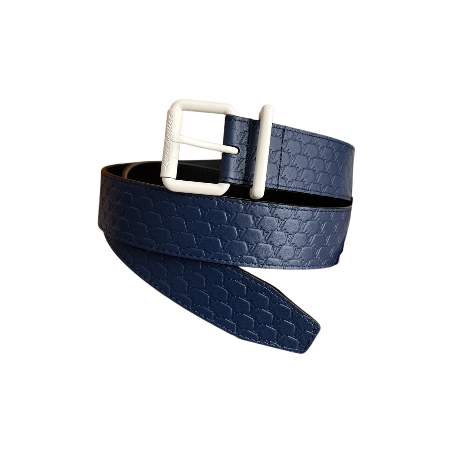 louis-vuitton-initiales-embossed-belt-blue-with-matte-white-buckle.jpg Louis Vuitton 35mm LV Initiales Embossed Belt – Navy Blue With Matte White Buckle - Image 1