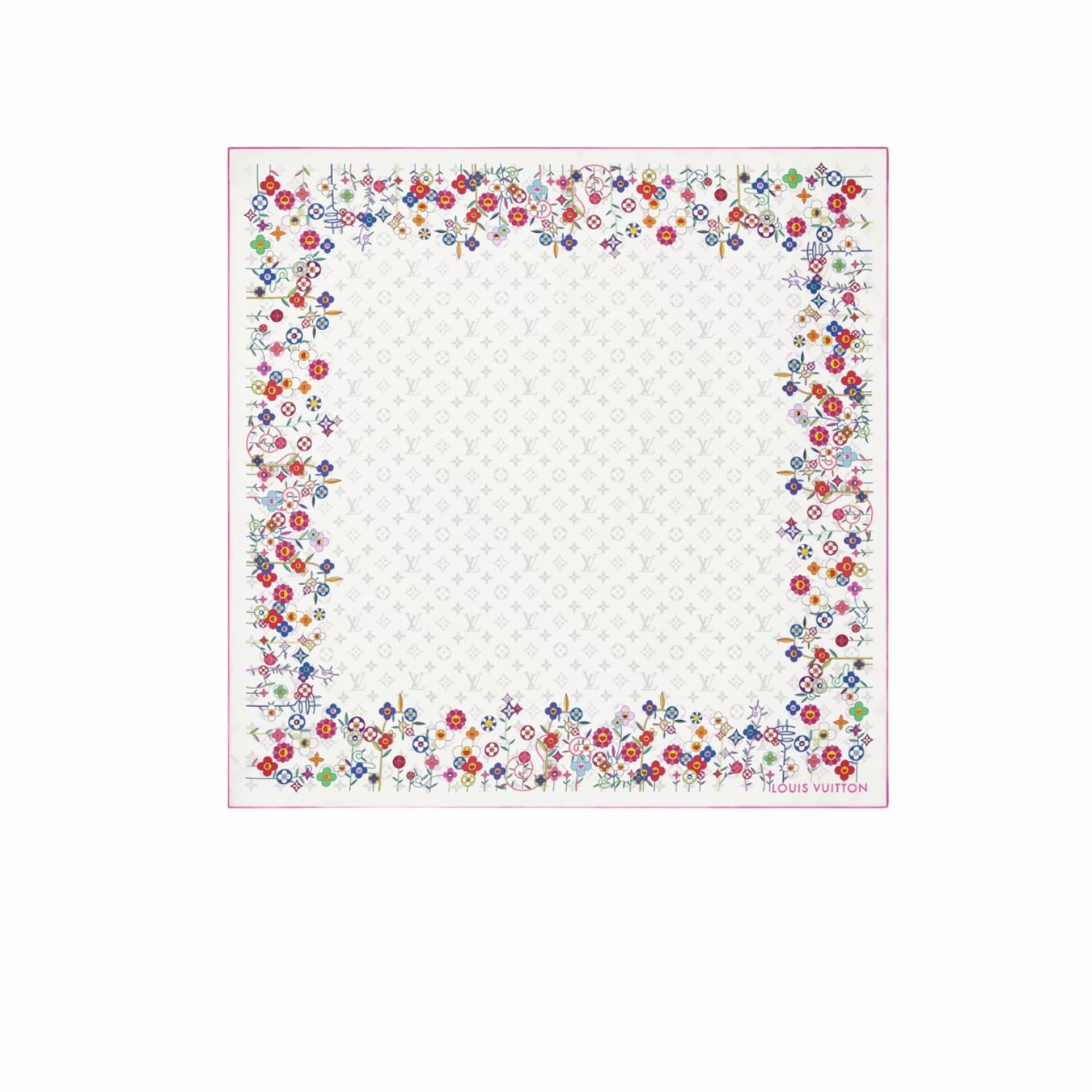 louis-vuitton-lv-x-tm-monogram-superflat-flowers-square-90-scarf.jpg Louis Vuitton LV x TM Monogram Superflat Flowers Square 90 Scarf White For Women M96263 - Image 1