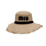 Miu Miu Wheat Straw Hat With Black Lace Trim Beige For Women