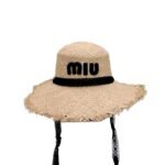 Miu Miu Wheat Straw Hat With Black Lace Trim Beige For Women - Image 2