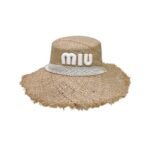 Miu Miu Wheat Straw Hat With White Lace Trim Beige For Women