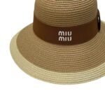 Miu Miu Wide Brim Sun Hat Raffia Dark Beige For Women 57cm/22.4in - Image 3