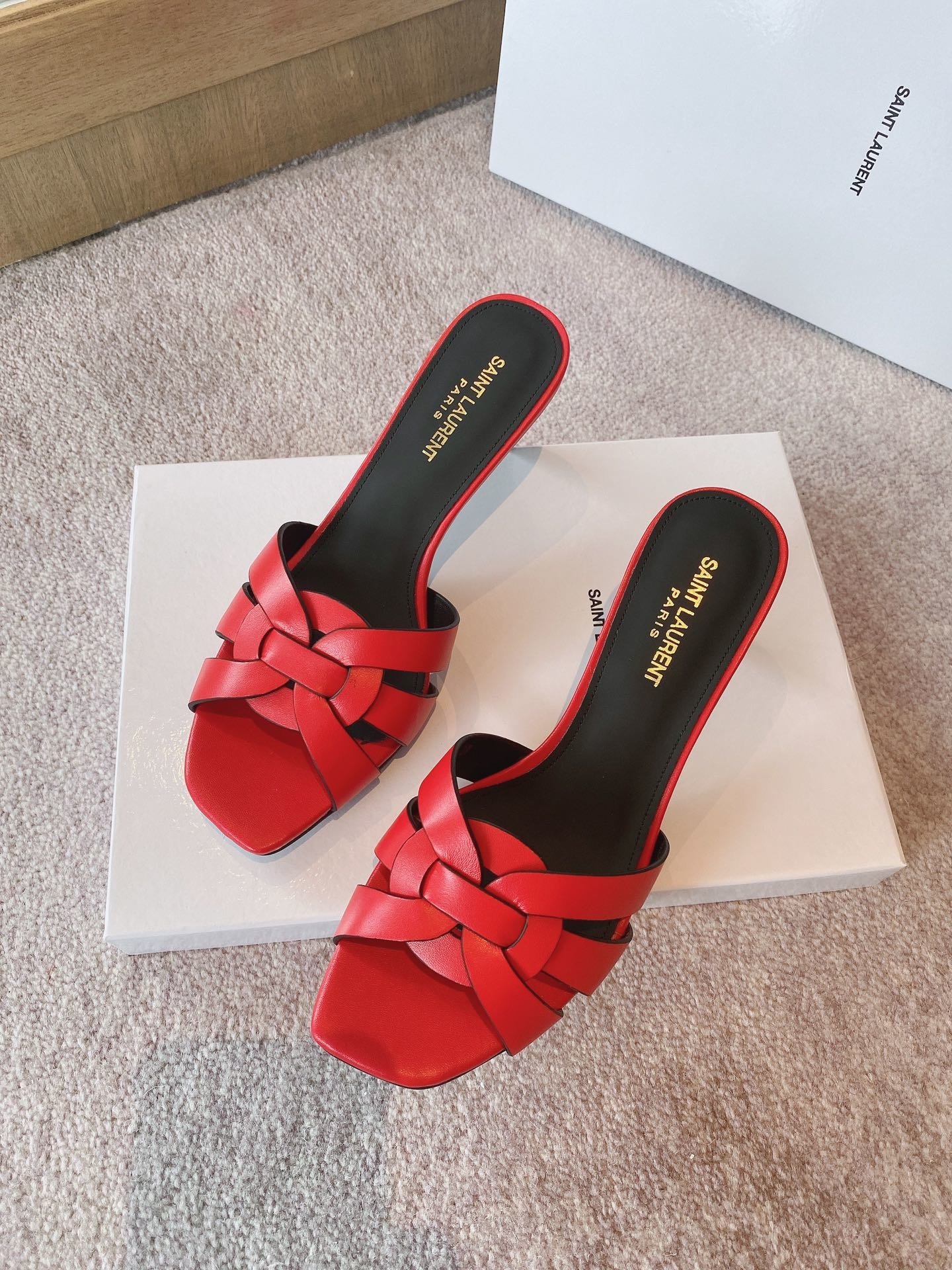 red-18.jpg Saint Laurent Women's Tribute Heeled Mules Red For Women YSL - Image 1