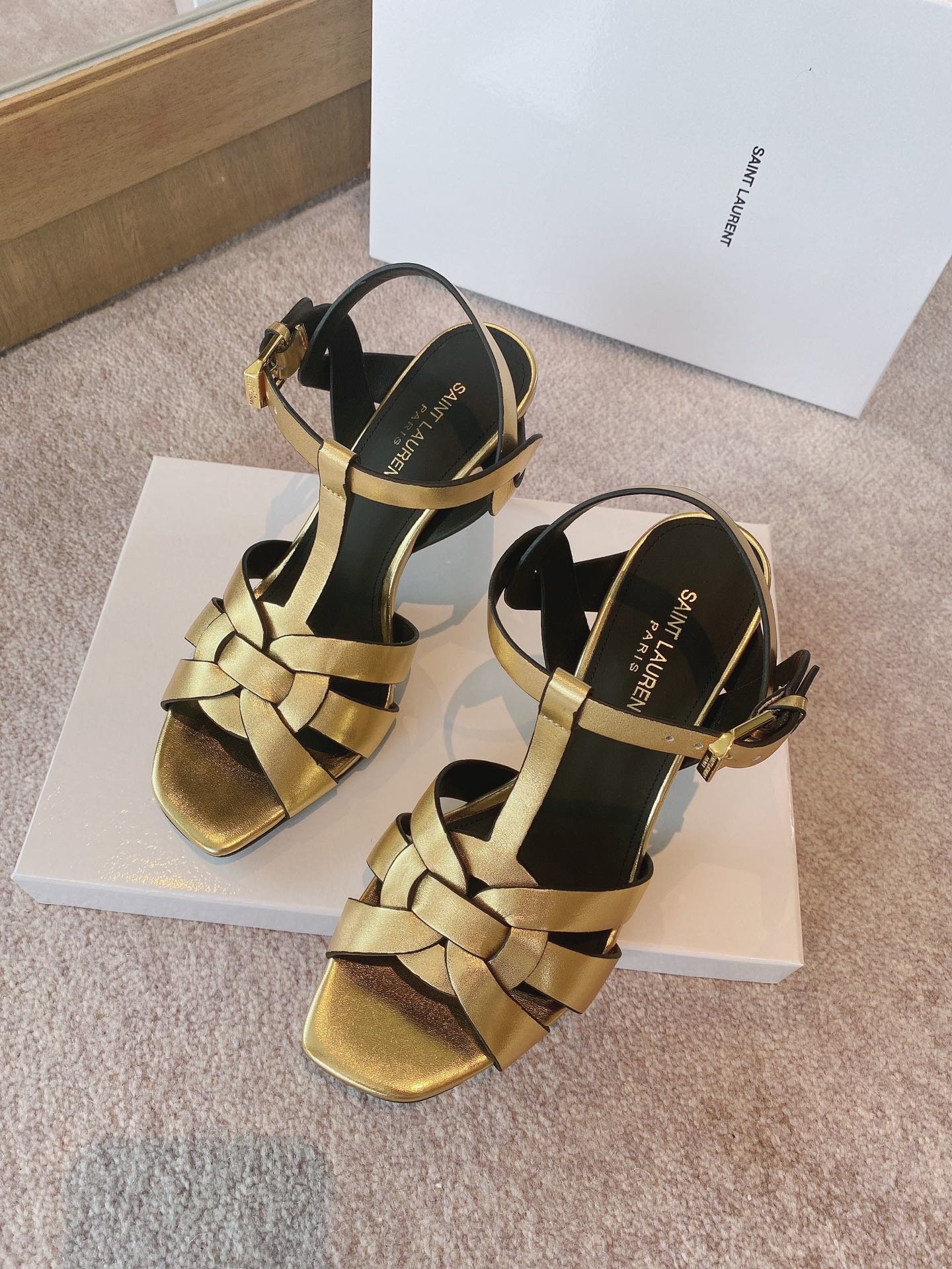 vangf-6.jpg Saint Laurent Women's Tribute Sandals Gold For Women YSL - Image 1